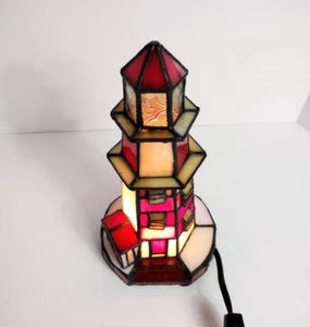 Vintage Stained Glass Lighthouse Night Light Red Accent Table Lamp 9.5" Tall - Picture 1 of 8