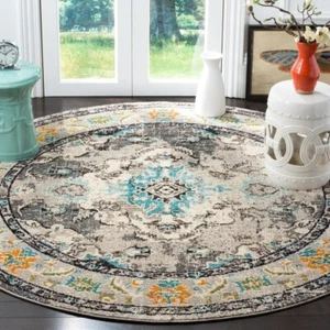 6 Round Rug Boho Area Vintage Style Carpet Grey Blue Decor Oriental Floral Retro - Picture 1 of 3
