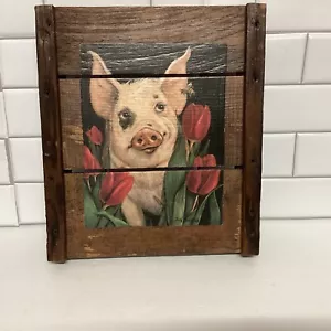 DECOUPAGE BLACK EYE PIG SITTING IN TULIPS - Picture 1 of 5