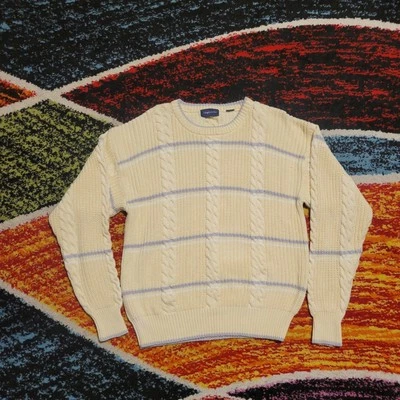 Claybrooke Light Yellow Blue Striped Cable Knit Crewneck Sweater Size L - Image 1 of 4