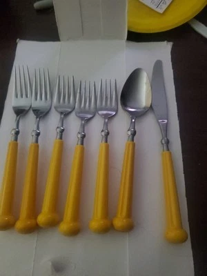 Oxford Hall Fashion Ware Yellow Handle 5 Forks and 1 Spoon 1 Knife Flatware - Image 1 of 3