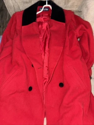Casaco longo Herman Kay vintage feminino tamanho 16 vermelho preto lã - Imagem 1 de 4