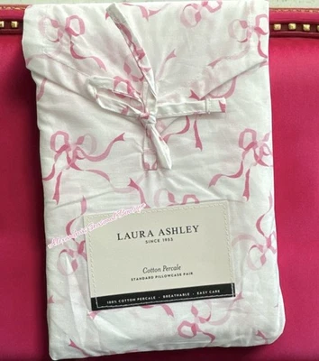 Laura Ashley Pink Ribbon Trailing Bows 2 Pillowcases 100% Cotton Percale Cottage - Image 1 of 4