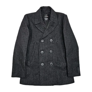Superdry Wool Blend Pea Coat Mens L 40 Herringbone Tweed Double Breasted Peak - Picture 1 of 16