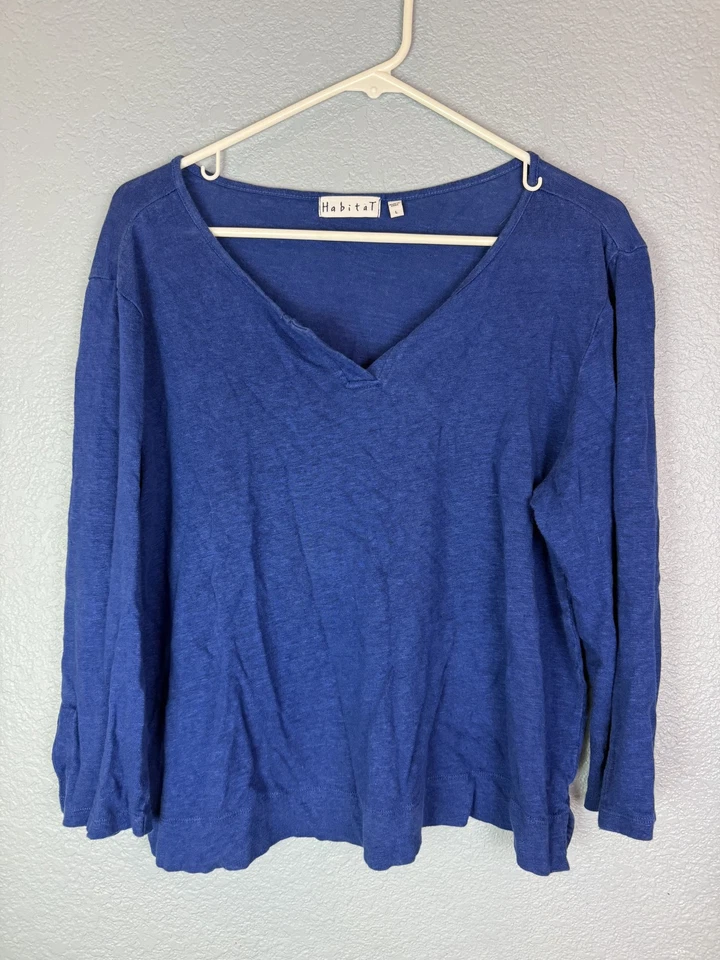 Suéter Habitat Mujer Grande Azul 100% Lino Ligero Pullover Puño Dividido Top Foto 1 de 4