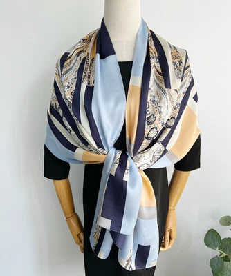 Cachecol feminino 100% seda amoreira 170X53cm envoltório de lenço listrado estampa totem novo - Imagem 1 de 4