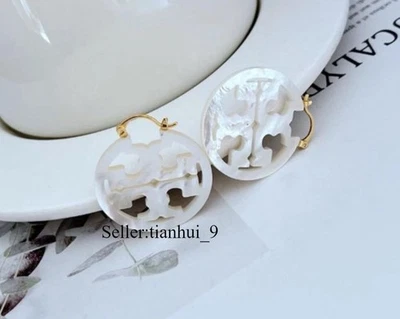 New! Tory White Hoops earrings TB logo with Jewelry Pouch - Image 1 of 3