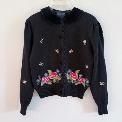 复古女式羊毛刺绣天鹅绒开衫中号 Cottagecore Whimsy Twee — 第 1/4 张图片