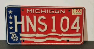 Michigan License Plate 1976 Bicentennial # HNS104 Red White Blue - Picture 1 of 3