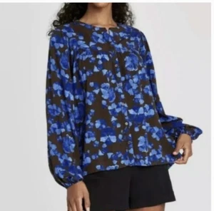 A New Day Women Size XS Button Front Shirt Brown Blue Floral Long Balloon Sleeve - Picture 1 of 12