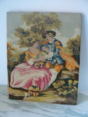 ANCIENNE TAPISSERIE CANEVAS BRODERIE SCENE GALANTE D"APRES PEINTURE DEMI POINT - Photo 1/4