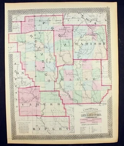 1873 Missouri Counties of Carter Madison Iron Reynolds Wayne Map Color Original - Picture 1 of 7