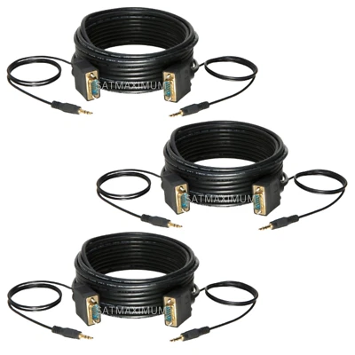 3 pcs 35FT SVGA Super VGA 3.5mm Aux Cable Audio Video Male to Male Monitor - Image 1 of 4