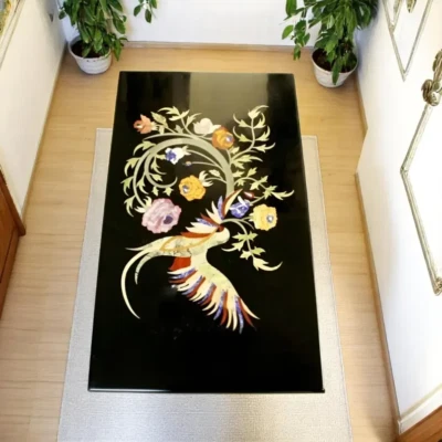 Black Marble Inlay Design Table Bird Design Semi Precious Gemstone Marquetry Art - Image 1 of 4