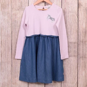Joules Dress Girls Age 9-10 Years Pink Striped Blue Denim Sequined Unicorn Pony - Picture 1 of 4