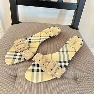 Burberry Classic Suede Low Heel Strap Slide Sandal Nova Check 38.5 Sz 7.5m US - Picture 1 of 8