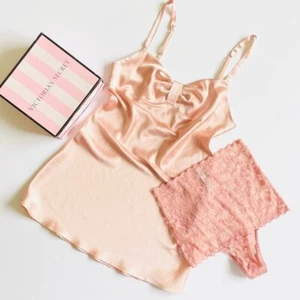 XS Victoria’s Secret Vintage Beige Satinado Slip Set Alto Encaje Tanga Bragas - Imagen 1 de 10