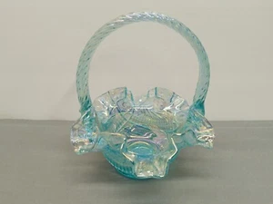 Fenton Art Glass Iridescent Aquamarine Ruffled Basket w/ Spiral Handle 7.5" H - Picture 1 of 18