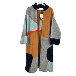 Zara Coat Brown Gray Blue Wool Alpaca Color Block Limited Edition Fuzzy NWT Sz M - Picture 1 of 11