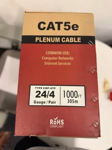 Plenum CAT5e 1000ft Network LAN Ethernet Solid CMP Box Wire 24 AWG Bulk - Afbeelding 1 van 7