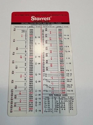 1  STARRETT Tap Drill Size/Decimal Equivalents Pocket Chart-NEW-FREE SHIPPING - Image 1 of 2