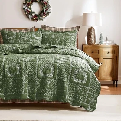  Juegos de cama edredón Navidad tamaño queen con 2 fundas Queen (90"x90") verde Foto 1 de 4