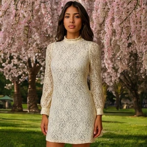 Smak Parlour Vintage Floral Lace Mini Dress A-Line Pull-On Tunic Mock Neck Med - Picture 1 of 12