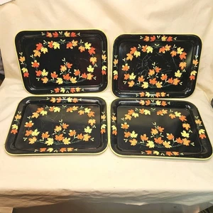 4- Enamel ware Serving Snack Tray Black Maple Leaves  Fall Thanksgiving MCM - Picture 1 of 14