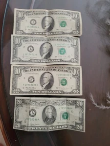 Rare vintage dollar bills Lot. (1)20bill(1977). And(3) 10 D Bills See Pictures. - Picture 1 of 10