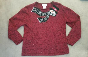 Women's Mandal Day Christmas Snowman Sweater Red Black Size L VTG - Picture 1 of 3