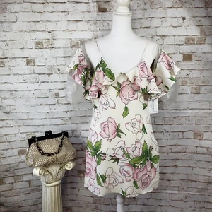 NWT Akaiv Size L Ivory Pink Rose Floral Print Cold Shoulder Summer Mini Dress - Picture 1 of 12