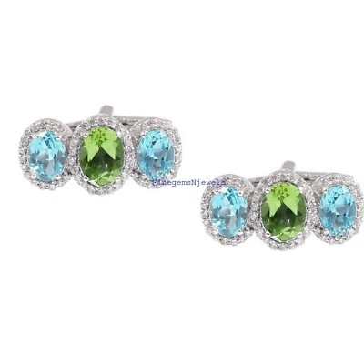Natural Blue topaz Peridot &CZ Gemstones with 925 Sterling Silver Cufflinks #112 - Image 1 of 3