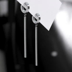Huggies Hoop Solid Steel 5cm Stick Bar Earrings - Picture 1 of 2