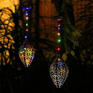Solar Power LED Hanging Lantern Light Metal Garden Yard Decor Lamp Rechargeable - Picture 1 of 8