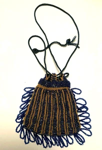 Crochet Beaded Purse Drawstring Bag Handmade Sack Unique Vintage Blue - Picture 1 of 8