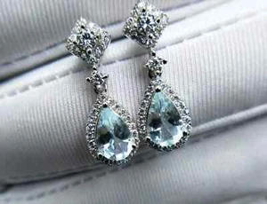 4.50Ct Aquamarine & Diamond Drop/Dangle Earrings 14K White Gold Finish - Picture 1 of 4