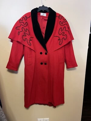 Vintage MAGGIE LAWRENCE Women’s Long Wool Duster Coat Red Beaded Trim XL Cape - Image 1 of 4