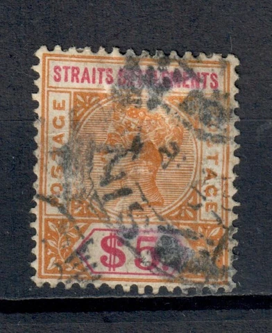 Straits 1898 $5 Orange & Carmine Repaired S Flaw Good Used SG105a CV £6500 Cover