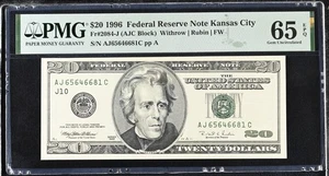 1996 $20 Federal Reserve Note Fr-2084-J Kansas City PMG65 Gem EPQ - Picture 1 of 2