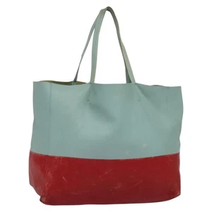 CELINE Horizontalkava Tote Bag Leather Red Light Blue Auth hk2827 - Picture 1 of 22