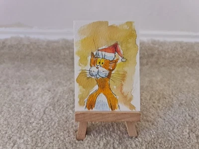 Original Watercolour Painting ACEO "Ginger Cat At Christmas" Art Card - Image 1 of 2