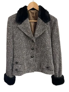 MADE IN ITALY Wool Tweed Faux Fur Jacket 44IT/ US MED Luxury Heritage Retro - Picture 1 of 8