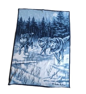 Vintage Biederlack Blanket James Hartman Wolf Wolves Blue USA Acrylic Blend - Picture 1 of 9