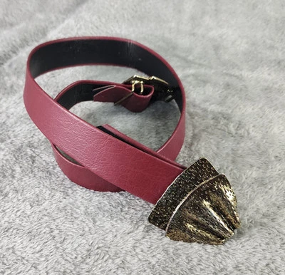 Cinturón de cuero para mujer talla pequeña oro borgoña arco grande gancho filigrana años 80 vintage Foto 1 de 4