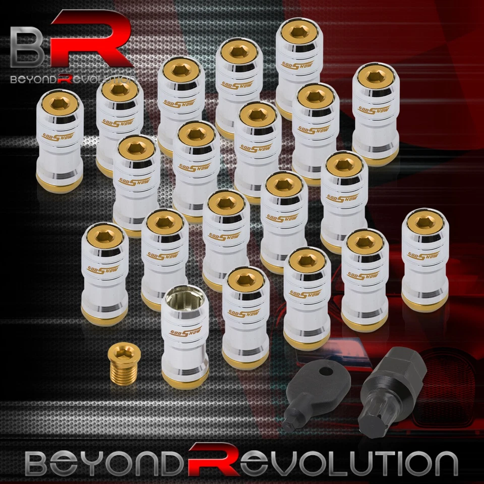 Godsnow Lug Nut Set M12 X 1.25mm Chrome Body Gold Trim 20 Piece Hex Key JDM VIP - Image 1 of 3