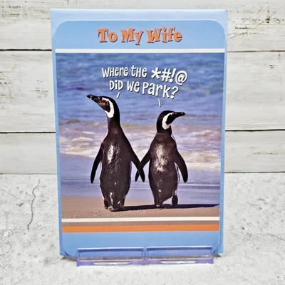 Tarjeta de felicitación de aniversario Hallmark 6x8 esposa pingüinos azul naranja viaje humor Foto 1 de 4