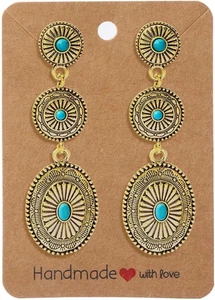 Vintage Oval Turquoise Dangle Earrings for Women - Western Concho Style - Picture 1 of 12