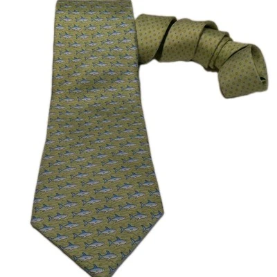 Tommy Hilfiger Men Tie Necktie Green With Sharks And Dots 100% Silk Made In USA - Image 1 of 4