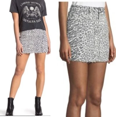 NWT Current Elliott Leopard Gray Raw Hem stretch Denim Mini skirt Sz 23 $228 - Image 1 of 4