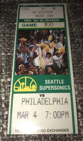 3/4/89 Seattle Super Sonics Philadelphia 76ers NBA Ripped GAME USED Ticket Stub Cover